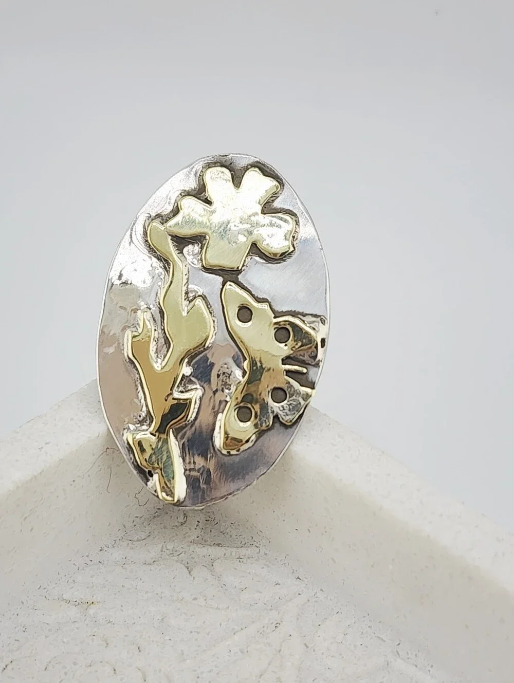 STERLING SILVER & BRASS BOTANICAL HANDMADE RING MIX METAL DESIGN SIZE 7